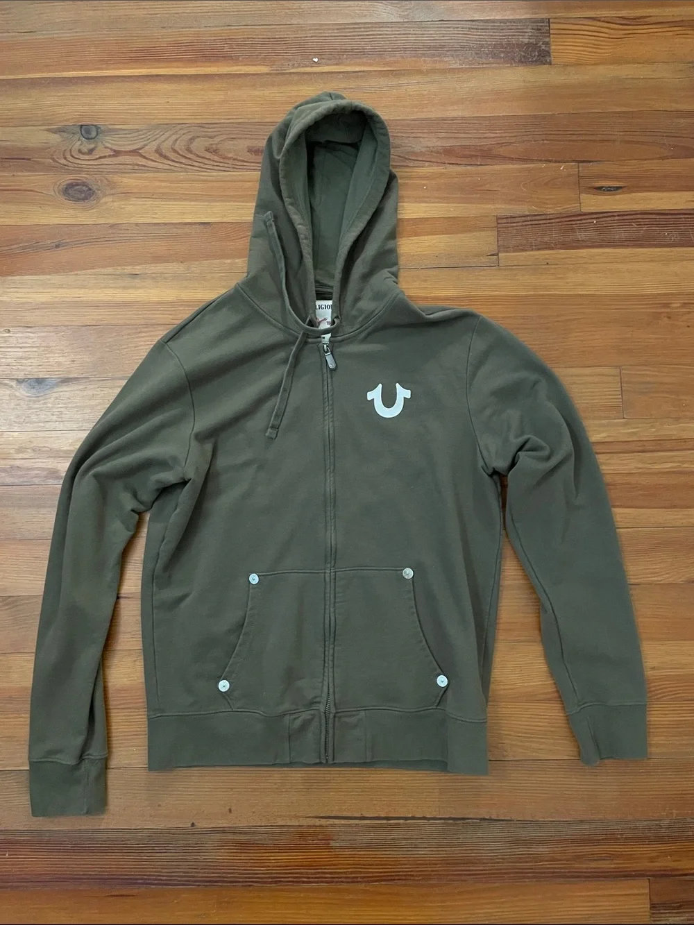 True Religion Mens World Tour Buddha Zip Up Hoodie Sweatshirt Olive Green XL